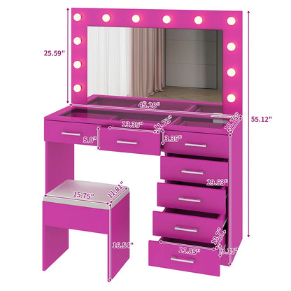 Ktaxon Large Makeup Vanity, Vanity Table Set w/ Visible Glass Top w/ Charging Station, White