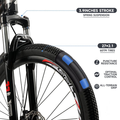 ARTUDATECH 27.5 Inch Mountain Bike, Shimano 21 Speed,  Dual Disc Brake Bike for Men Womens Adult, Full Suspension Bicycle