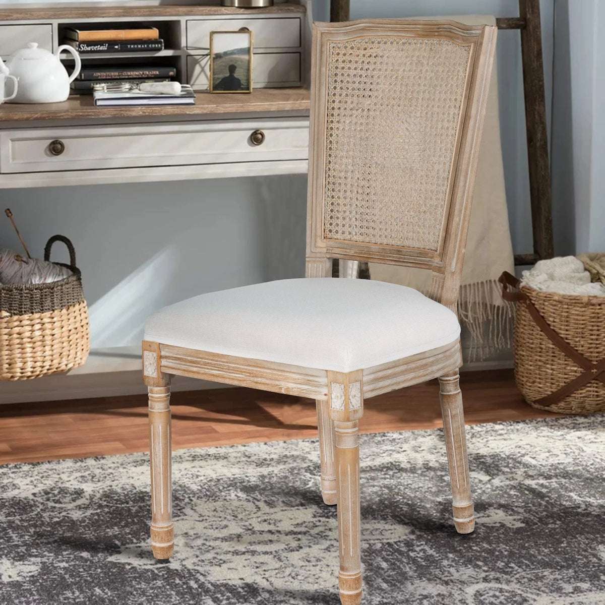 French Dining Chairs Set of 2 Beige Natural Fabric Round Back with Solid Wood Legs and Frame for Bedroom Dining Room Kitchen