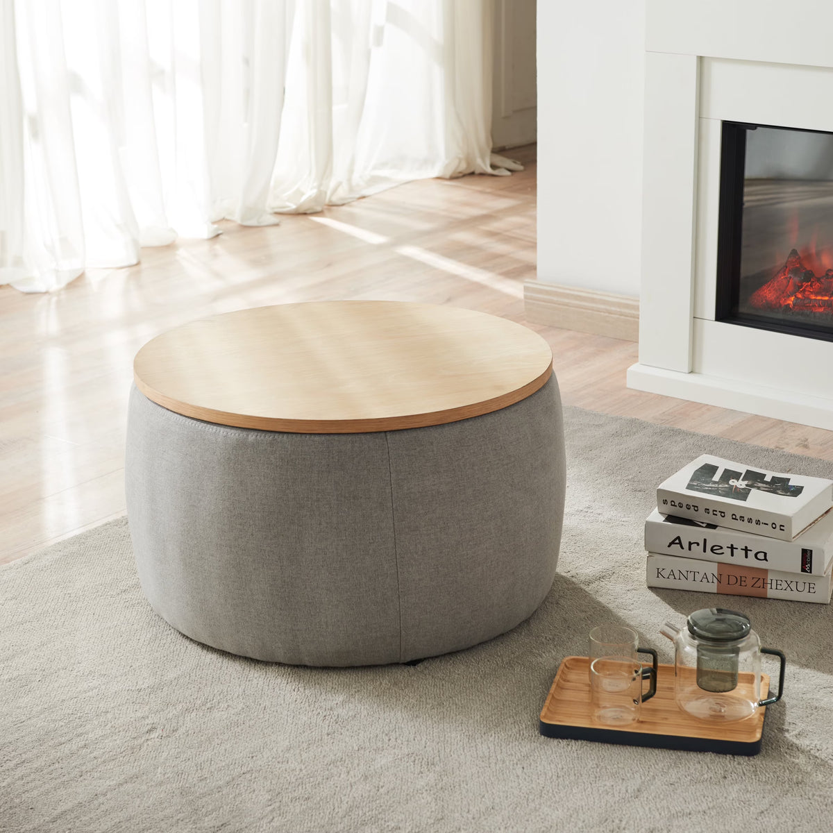 BTMWAYRound Coffee Table, 2 in 1 Round Storage Ottoman with Reversible Lid Tray, Upholstered Round Storage Ottoman Coffee Table with Storage, Footstool End Table for Living Room, Bedroom, Light Gray