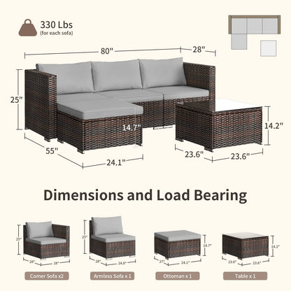 Patio Furniture Set Clearance, Lofka 5 Pieces Patio Conversation Set with Sofas and Tempered Glass Coffee Table for Outdoor Garden Gray