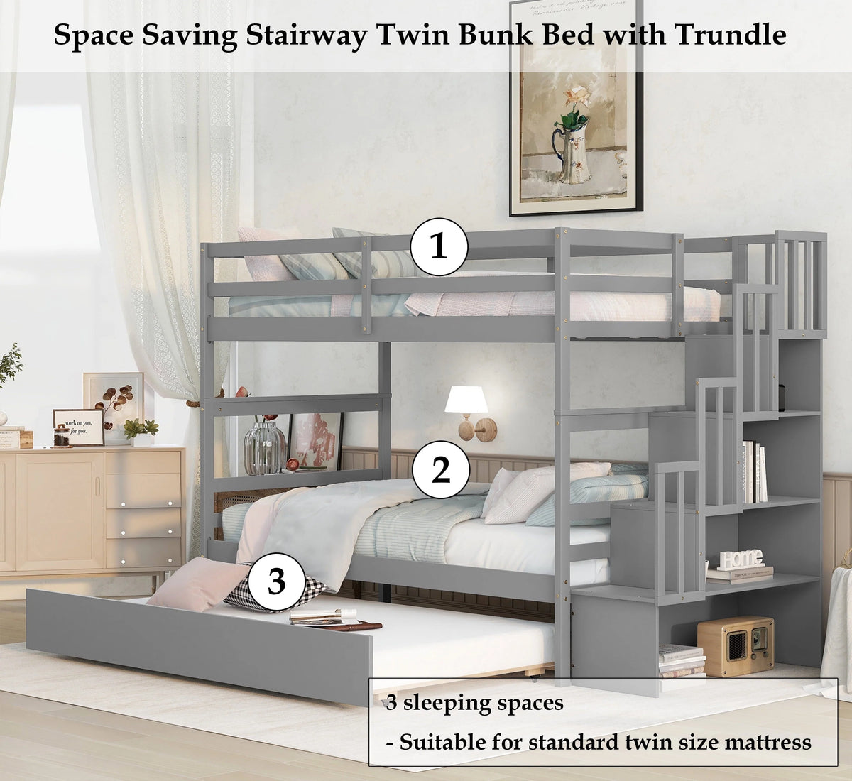 Bellemave Twin over Twin Stairway Bunk Bed with Trundle Wooden Bunk Bed Frame with Guardrails and Staircase, Twin Size Bunk Bed with Storage Stairs for Kids, Teens, Gray
