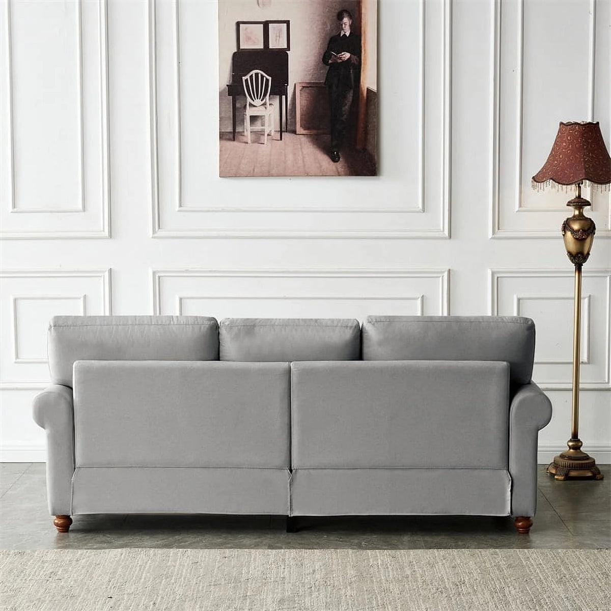 3 Seater Sofa, 82.6" Modern Linen Fabric Tufted Upholstered Accent Sofa with Storage Box and Silver Nails, Curved High Back and Solid Wood Leg for Living Room, 7 Inches Seat Cushion, Grey