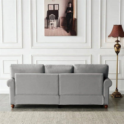 3 Seater Sofa, 82.6" Modern Linen Fabric Tufted Upholstered Accent Sofa with Storage Box and Silver Nails, Curved High Back and Solid Wood Leg for Living Room, 7 Inches Seat Cushion, Grey