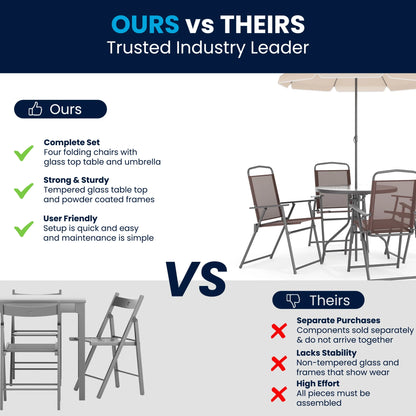 Flash Furniture Nantucket 6 Piece Black Patio Garden Set with Umbrella Table and Set of 4 Folding Chairs