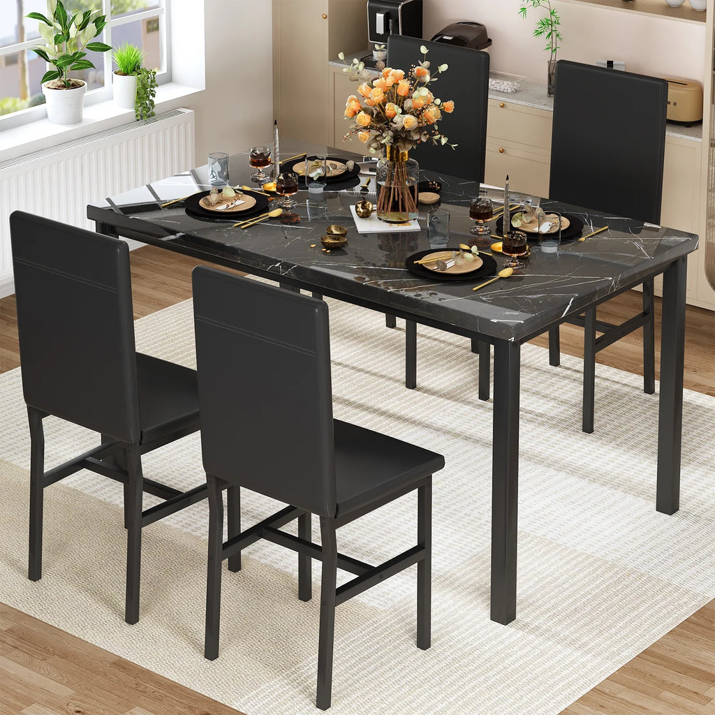 AWQM Dining Table Set of 4, Faux Marble 5 Piece Dining Room Table Set with PU Leather Chairs, Rectangular Kitchen Table Set for Apartment, Dining, White