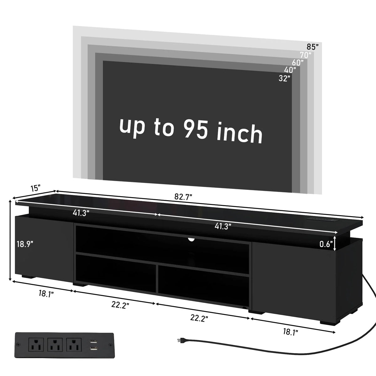 LED TV Stand for up to 85" TVs with Power Outlet, 75" Large Entertainment Center Console Table Gaming Soundbar Shelf with 2 Storage Cabinets