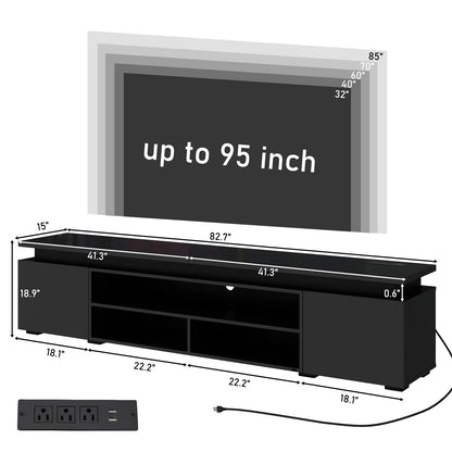 LED TV Stand for up to 85" TVs with Power Outlet, 75" Large Entertainment Center Console Table Gaming Soundbar Shelf with 2 Storage Cabinets