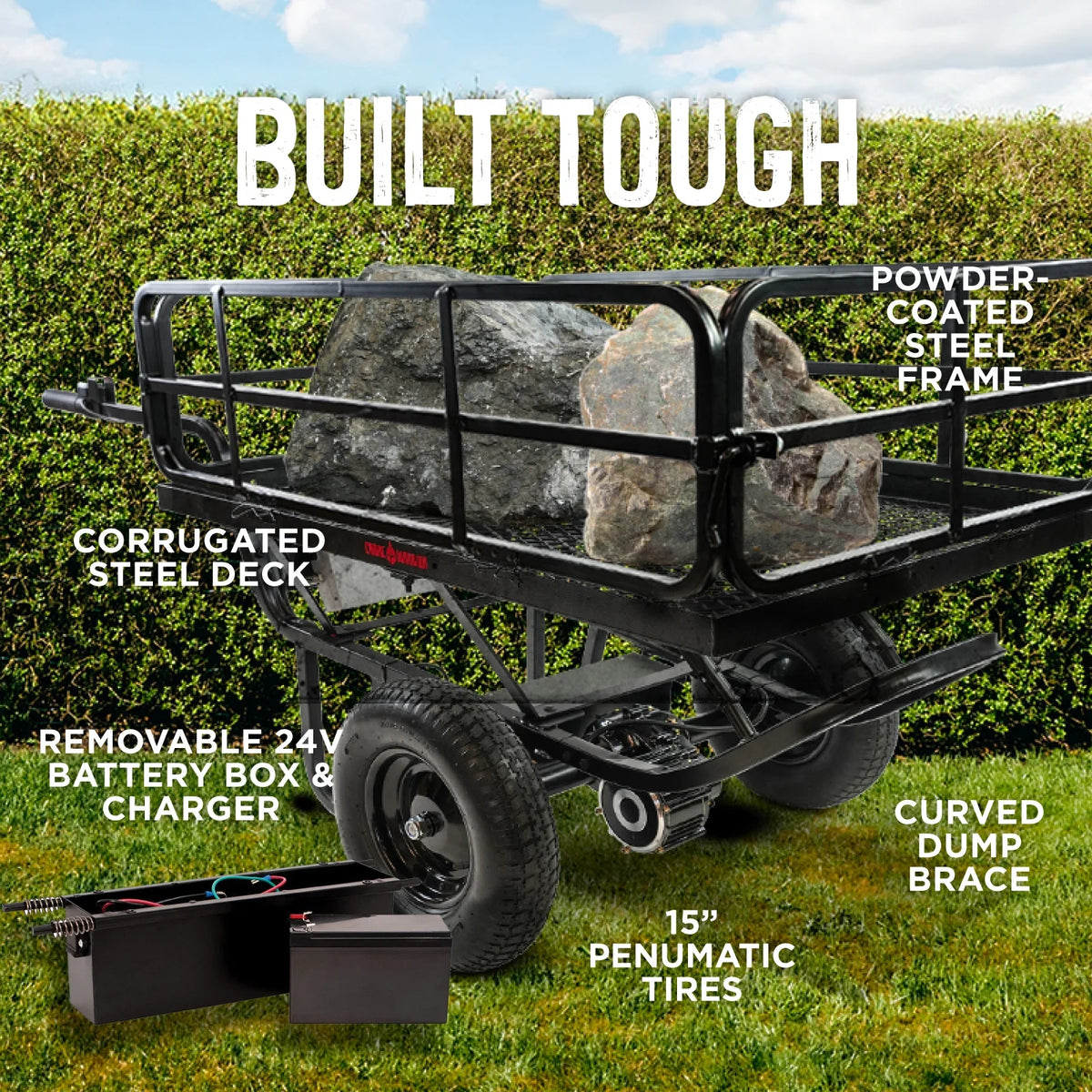 Chore Warrior Electric Wheelbarrow Powered Utility Cart 350 LBS Capacity with Metal Mesh Deck 8 Hour Battery Life