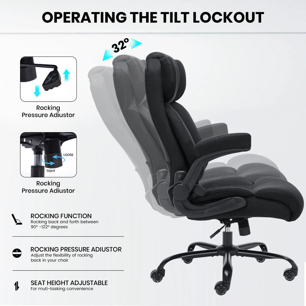 HomeZeer Executive Office Chair, Big and Tall Home Office Chairs 400lbs, High Back Executive Office Chair with Adjustable Flip up Arm, Wide Seat Leather Desk Computer Chairs, Black