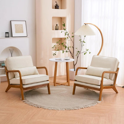 Accent Chairs, Single Linen Lounge Reading Armchair with Solid Wood Frame, Mid Century Modern Easy Assembly Arm Chairs for Living Room-Beige