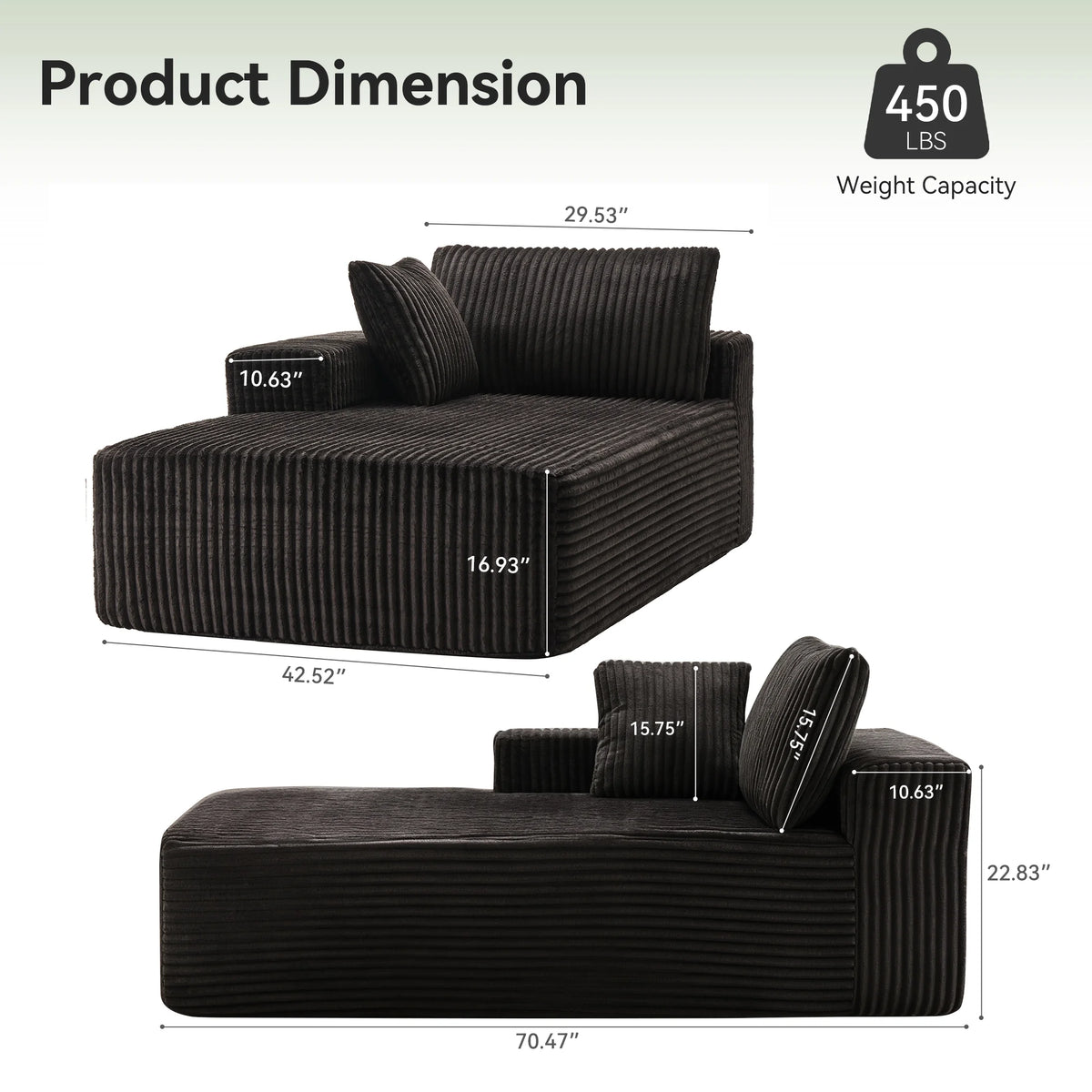 LUMIHO Chaise Lounge Chair Indoor, 42" Sleeper Chair with Two Throw Pillows and Armrests, Corduroy Chaise Couch Chair with Ottoman for Living Room, Bedroom, Apartment, Green