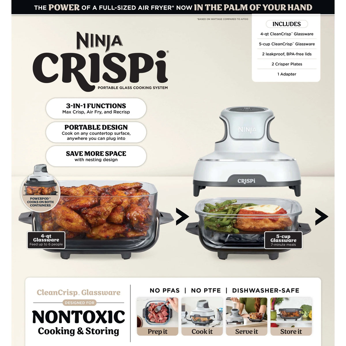Ninja Crispi 3-in-1 Portable Glass Air Fryer Cooking System, 1500W, 4-Qt & 5-Cup TempWare Glass Containers with Storage Lids, Microwave, Freezer & Dishwasher Safe, White, FN100WH