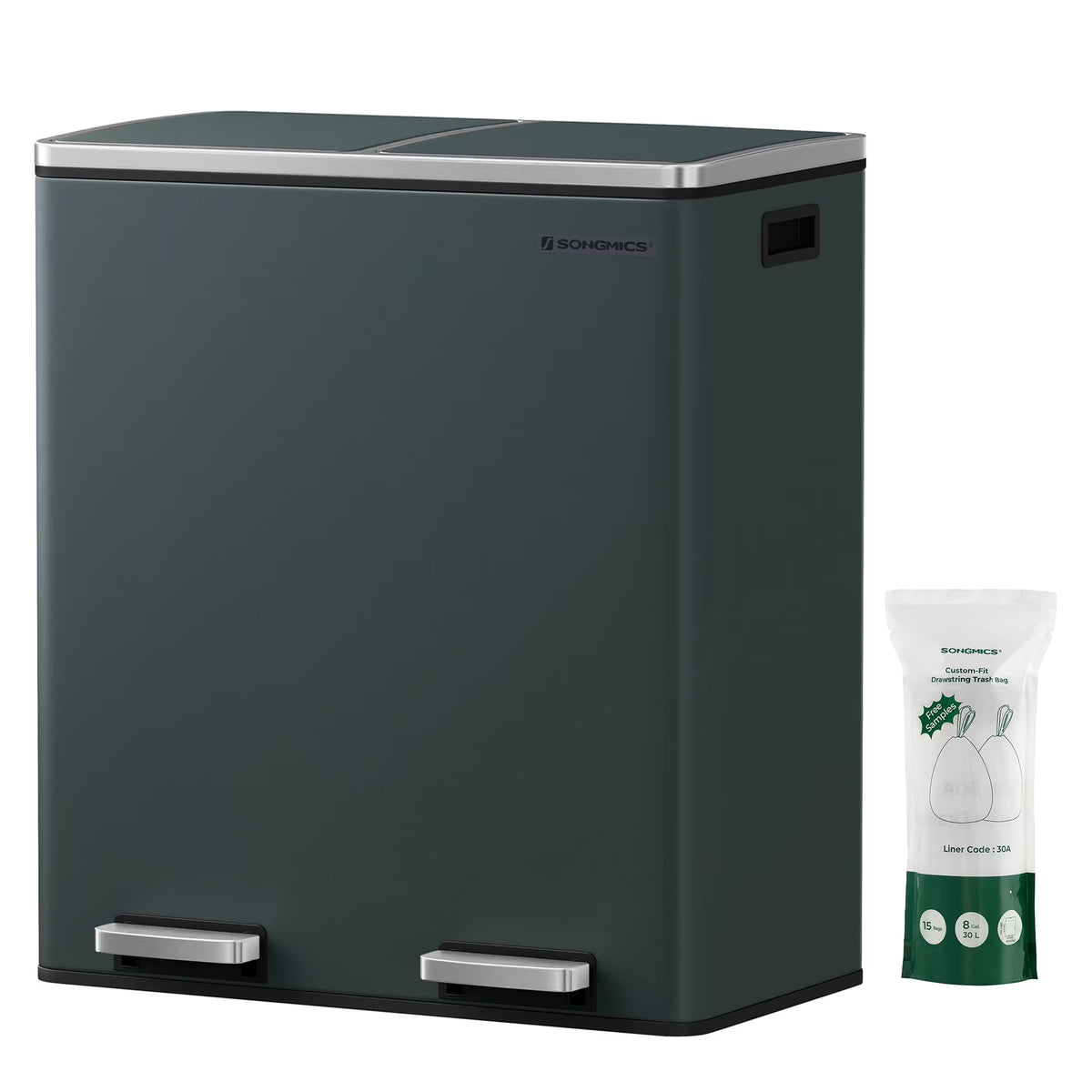 16 Gallon Dual Trash Can, Rubbish Bin and 15 Trash Bags, Metal, Almond Color