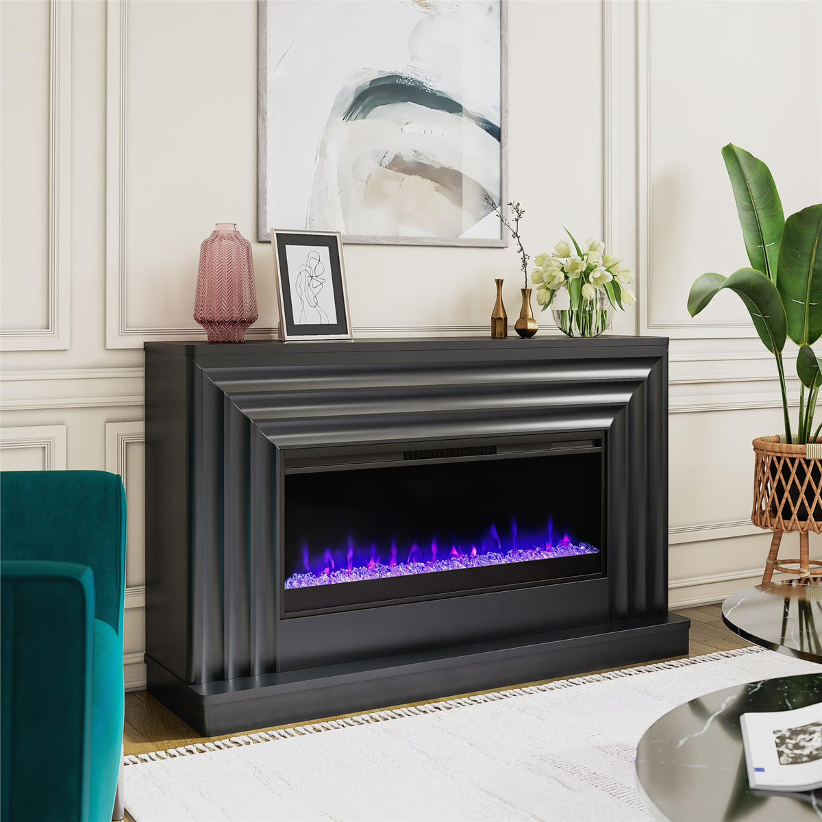 CosmoLiving by Cosmopolitan Rene Electric Fireplace Mantel 65" TV Stand with Multi-Color Flame and Crystal Ember Bed, Black