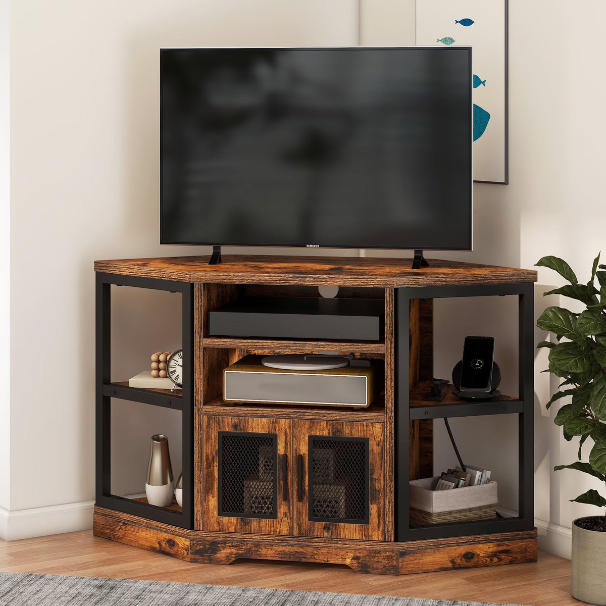 Dextrus Farmhouse Corner TV Stand for TVs up to 55 inch with Power Outlet, Wood Entertainment Center, TV Media Console with Storage, White Oak