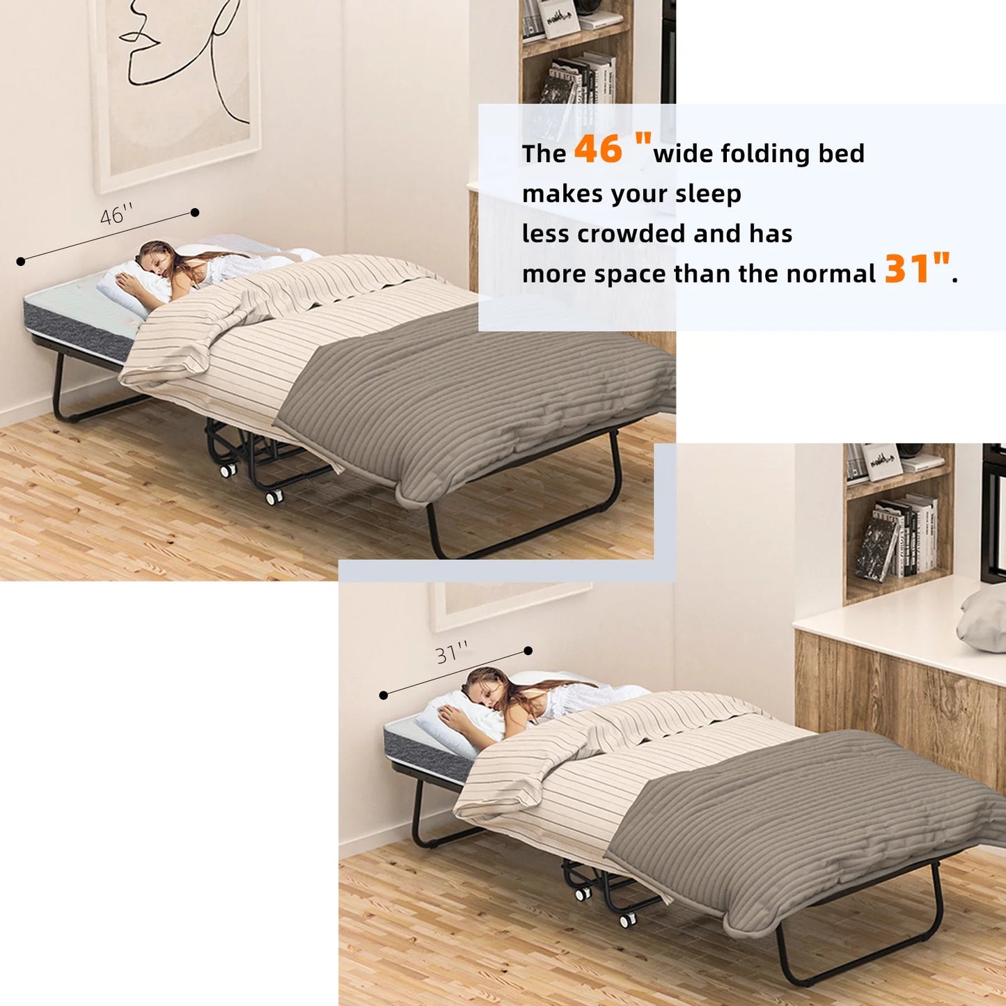 Full Size Folded Bed with Mattress, 75" x 54" Folding Bed, Twin Bed, Rollaway Bed Guest Bed for Adults with Sturdy Frame