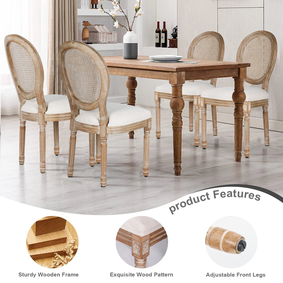 French Dining Chairs Set of 2 Beige Natural Fabric Round Back with Solid Wood Legs and Frame for Bedroom Dining Room Kitchen