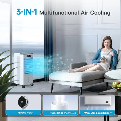 Portable Windowless Air Cooler with 3 Cooling Modes & Speeds, 12H Auto-Off Timer, 2-Gal 20H Cooling Tank, 16FT Remote Control, No Hose Installation, 46dB Quiet Evaporative Swamp Cooler