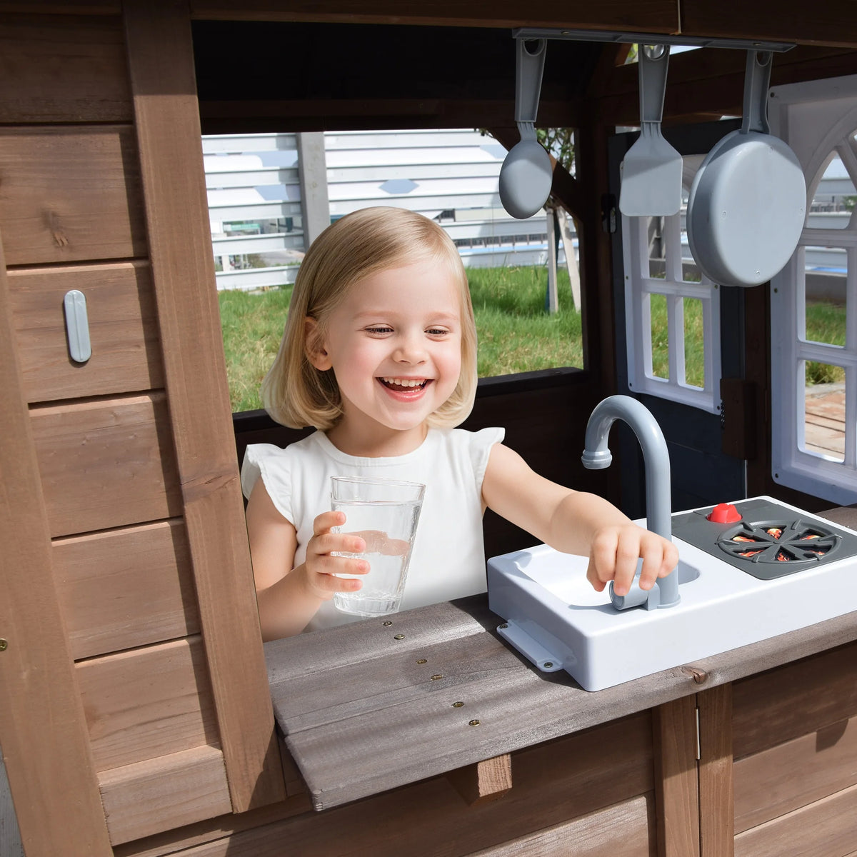 COCLUB Outdoor Playhouse, Wooden Playhouse for Kids Toddlers, Large Kids Playhouse with Bench/Fence/Kitchen/Door Nameplate/Pretend Phone, Girls Boys Outdoor Toy Gift for Ages 3+, (62.99"W* 67.32"L)