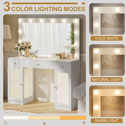 ABOVOBA Vanity Desk with Mirror and Lights,3 Drawers and Power Outlet Makeup Vanity for Women,White