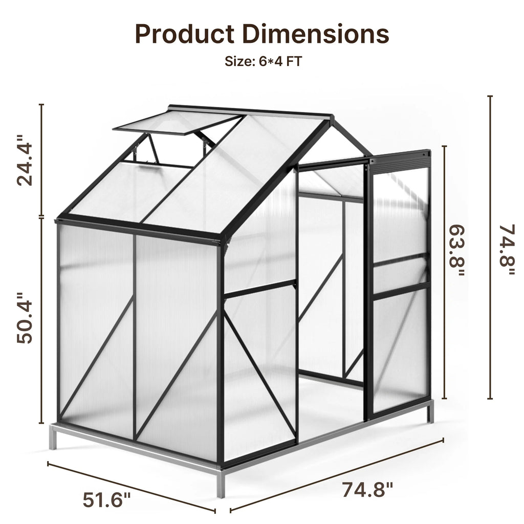 Asofer 6' x 4' Greenhouse for Outdoors, Aluminum Walk-in Green Houses shed with Rain Gutter and Roof Vent for Backyard