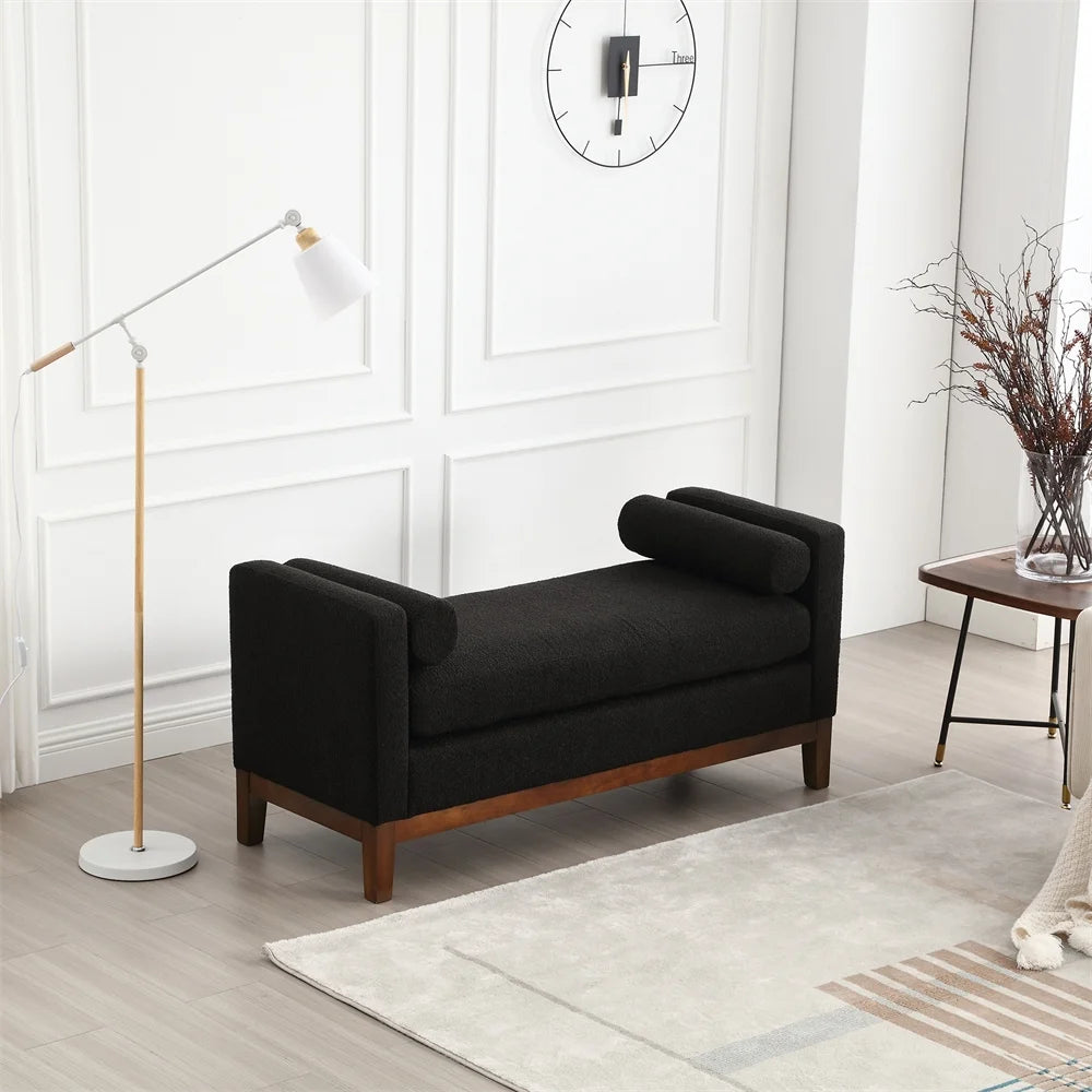 53.5"W Elegant Upholstered Bench with Wood Legs & Round Pillows,Comfy Boucle Fabric Footrest with Arms, Entryway Bench for End of Bed, Bedroom and Living Room, Ivory
