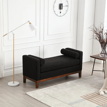 53.5"W Elegant Upholstered Bench with Wood Legs & Round Pillows,Comfy Boucle Fabric Footrest with Arms, Entryway Bench for End of Bed, Bedroom and Living Room, Ivory