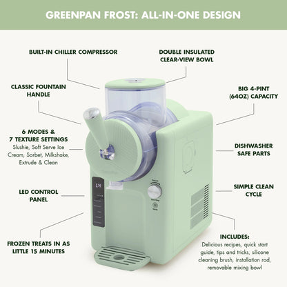 GreenPan Frost 6 Mode, Ice Cream, Frozen Drink, Slushie & Milk Shake Maker, No Freezer Needed, Easy Clean Parts, Gray