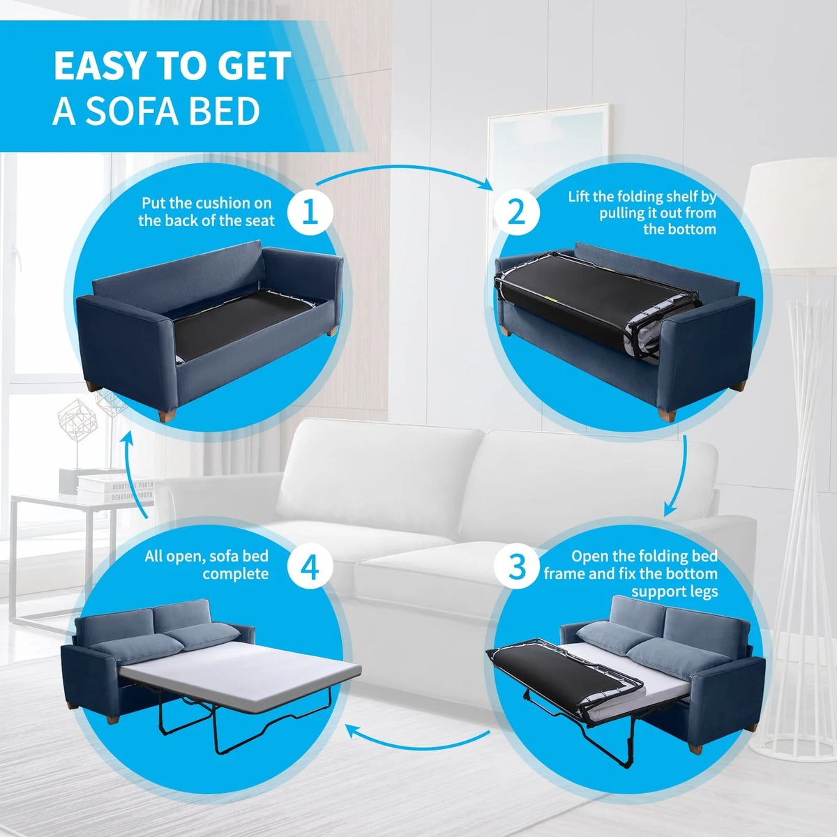 BALUS 2-in-1 Sofa Bed, Full Pull-out Sofa Bed, Sofa Bed with Foam  Mattress, Loveseat Sofa Bed for Living Room, Bedroom, Office, Small Space, Blue