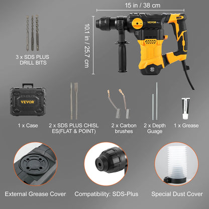 VEVOR 1-1/4inch SDS-Plus Rotary Hammer Drill, 13 Amp Corded Drills, Heavy Duty Chipping Hammers w/Vibration Control & Safety Clutch, Electric Demolition Hammers Variable Speed, Power Tool For Concrete