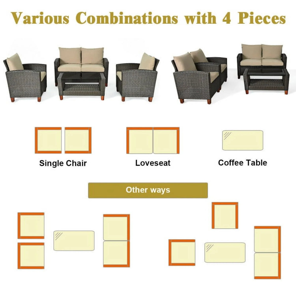 Resenkos 4 Pieces Patio Rattan Furniture Set, Outdoor Furniture Garden Conversation Bistro Sets with Coffee Table