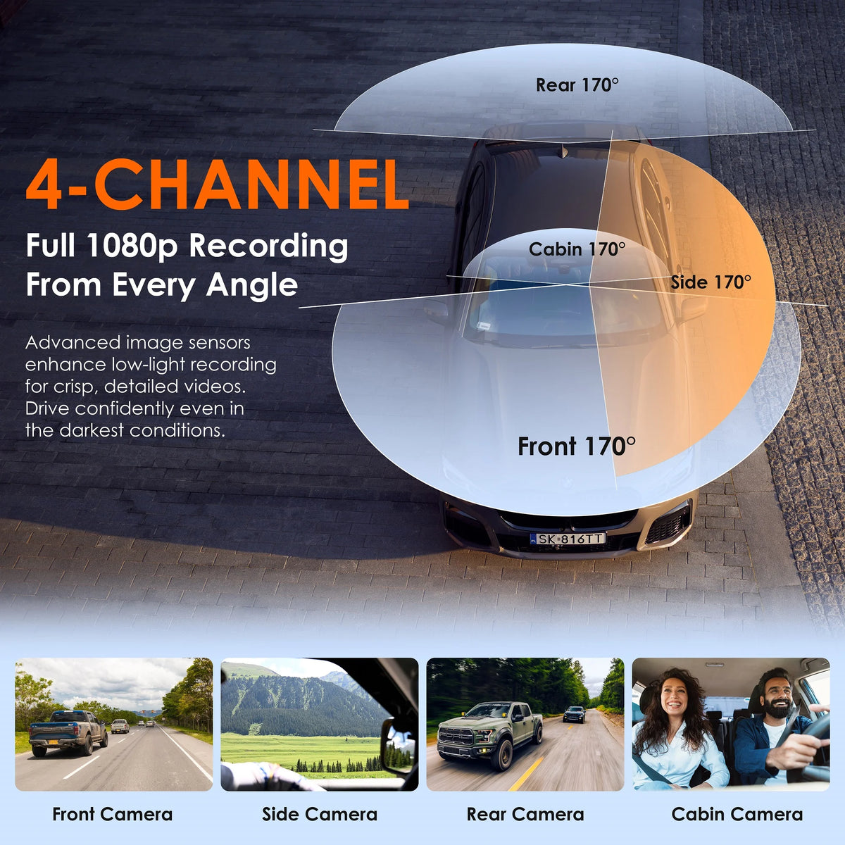 Rexing 4CH Dash Cam w/ All 1080p, Wi-Fi, Loop Recording, G-Sensor, Dual Mount, 32GB Card Included