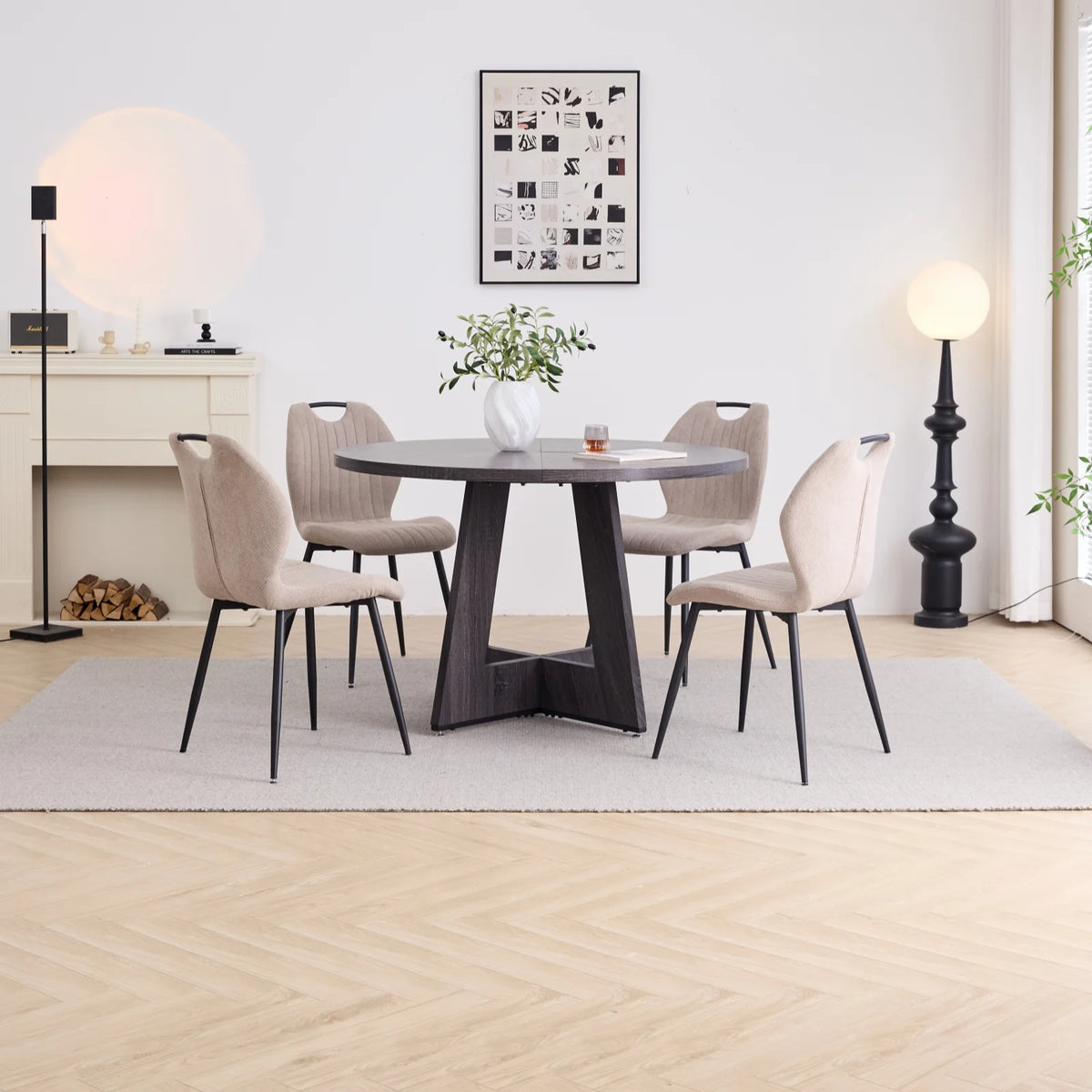 5 Piece 47'' Round Dining Table Chairs Set for 4, Farmhouse Gray Kitchen Table with 4 Boucle Mid Century Modern Dinning Room Chairs, Wood Dinner Table &Upholstered Chair Set of 4, Beige