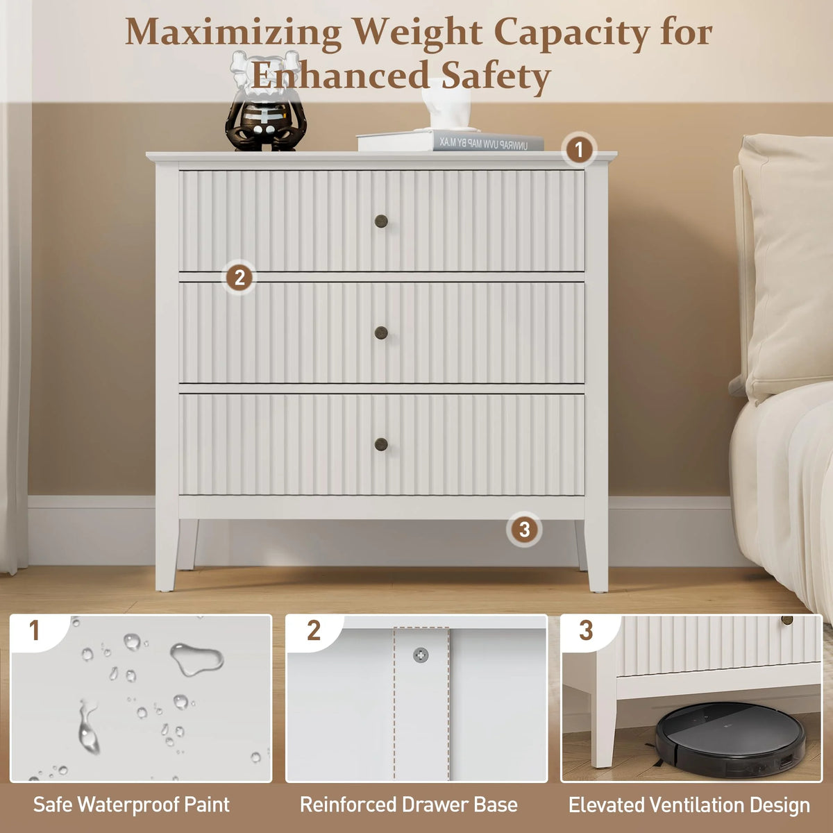 May Color Large White 3 Drawer Dresser Set of 2 with Fluted Panel, Modern Chest of Drawers with Silent Slide Drawers, Wood Accent Nightstand with Storage for Bedroom Living Room, Hallway
