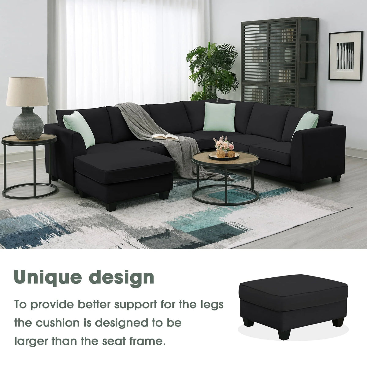 L-Shaped Modular Sectional Couch, KAMIDA 7-Seater Sectional Couch with Ottoman and 3 Pillows, Modern L-Shaped Fabric Upholstered Couch Furniture, Heavy Duty Sectional Couch for Living Room, Black