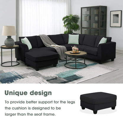 L-Shaped Modular Sectional Couch, KAMIDA 7-Seater Sectional Couch with Ottoman and 3 Pillows, Modern L-Shaped Fabric Upholstered Couch Furniture, Heavy Duty Sectional Couch for Living Room, Black