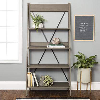 Walker Edison Solid Wood 4-Shelf Ladder Bookshelf, Brown