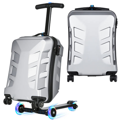 Advwin Scooter Suitcase for Kids & Adults, 3-D Hardshell Ride On Scooter Luggage with LED Light Up Wheels, TSA Lock, Lightweight Foldable Carry On Rideable Suitcase for Children Teenagers, Silver