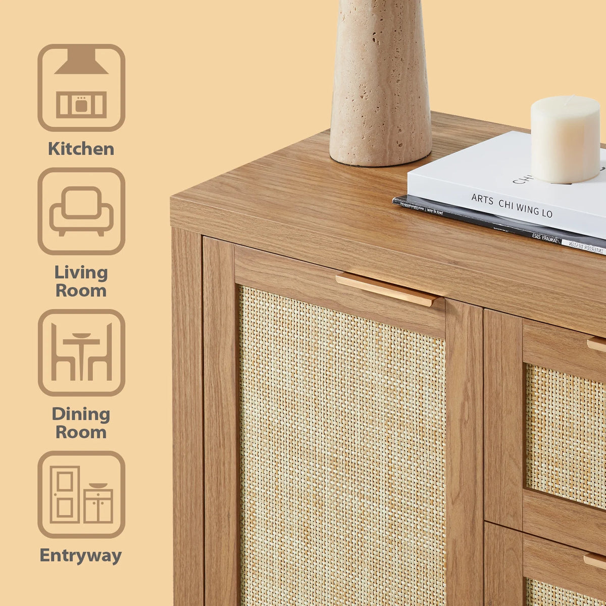 ARKANTOS Sideboards and Buffets, Boho Storage Cabinets with Rattan Doors and Drawers, Natural Oak
