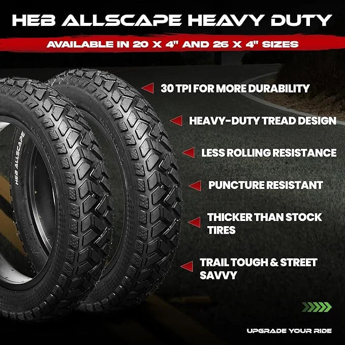 HEB ALLSCAPE Heavy Duty 20x4 Bike Tire + Tube - Includes 2 Tires for Optimal Performance