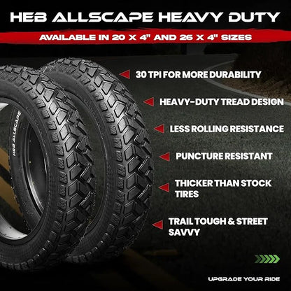 HEB ALLSCAPE Heavy Duty 20x4 Bike Tire + Tube - Includes 2 Tires for Optimal Performance