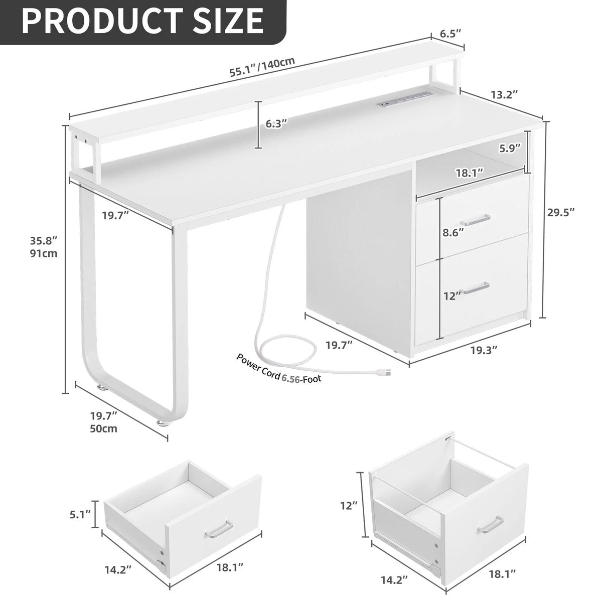 TDUKDB 47/55   Inch Home Office LED Computer Desk with File Drawer and Power Outlets. Ideal for Home Office  Study  Stable Design, Stylish  Simple-inch-Brown  White