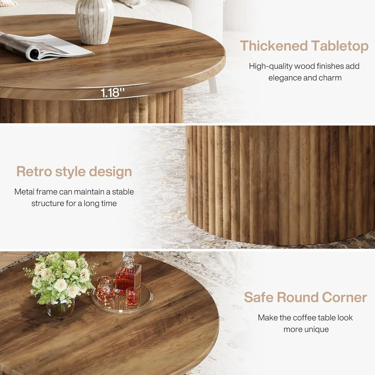 Finmind 31.5" Round Coffee Table, Farmhouse Circle Coffee Table with Metal Base