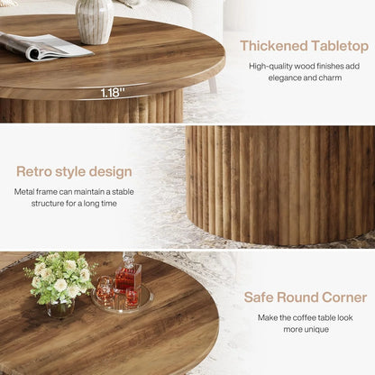 Finmind 31.5" Round Coffee Table, Farmhouse Circle Coffee Table with Metal Base