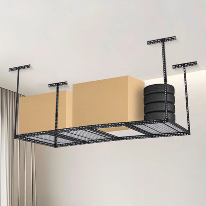 Overhead Garage Storage Rack - Heavy Duty 300kg Capacity, Adjustable 56-100cm Height, 180x120cm Black Steel Shelving with Hooks for Garage Organization