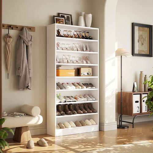 Homieasy Tall Shoe Cabinet, 9-Tier Wood Shoe Storage Organizer, Freestanding Shoe Storage Cabinet with Large Capacity, Vertical Space Saving Shoe Rack, White