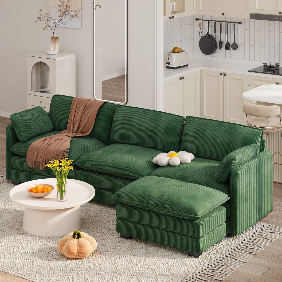 Lofka 110�� Modular Sectional Sofa Bed with Double Layer Cushions and Movable Ottoman, Modern Comfy Cloud Couch for Living Room, DIY Combination, Green