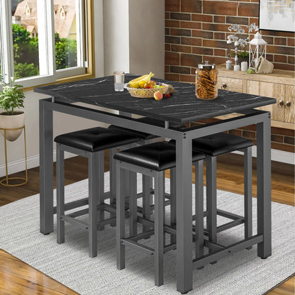 5 Piece Dining Set, Modern Dining Table and Chairs Set for 4, Counter Height Bar Table Set, Modern Pub Table with 4 Velvet Fabric Cushioned Stools, Faux Marble Dining Table & Stools Set, D9297