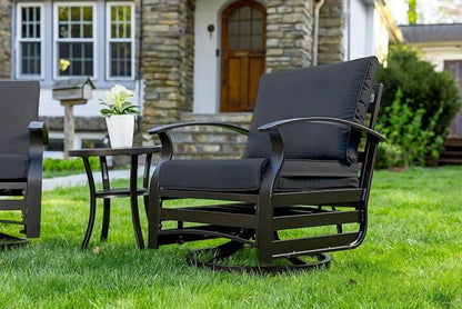 ALAULM 3 Piece Patio Outdoor Aluminum Metal Swivel Rocking Chair with 1 Coffee Table and 2 Khaki Padded Cushions Outdoor Metal Swivel Rocking Chair Furniture Conversation Set for Porch Garden